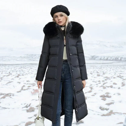 Veste longue femme élégante ajustée avec détail en fourrure