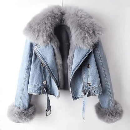 Veste en jean élégante avec détail en fourrure