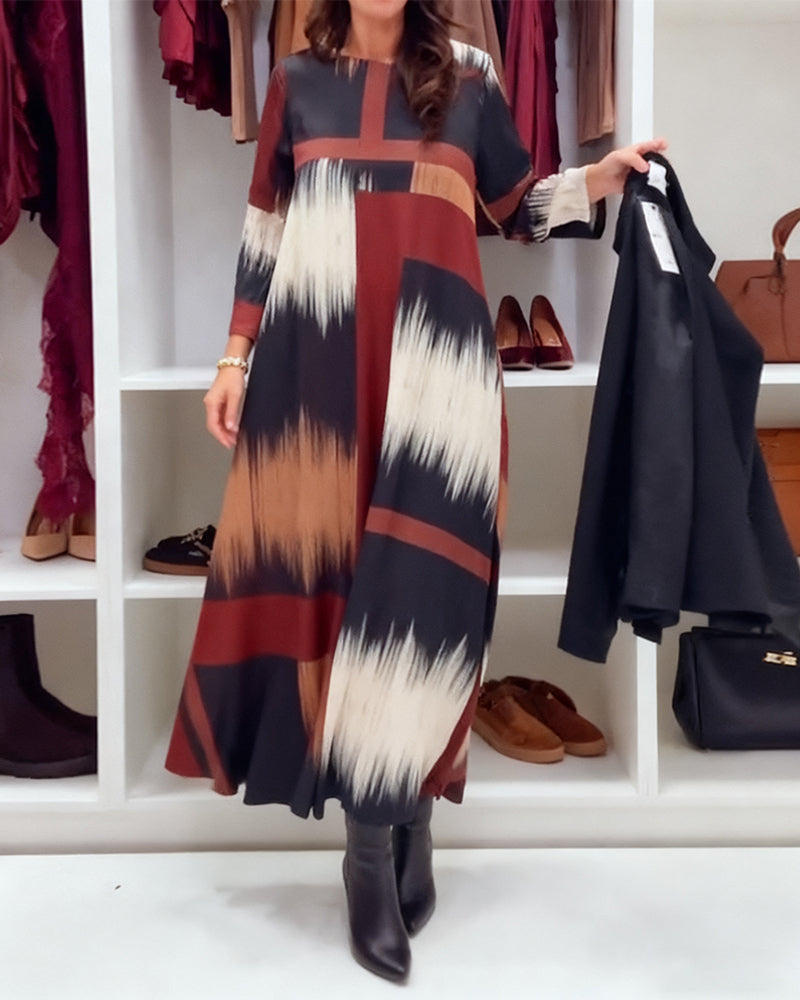 Robe élégante femme Col rond Manches longues Imprimée