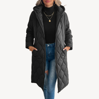 Manteau matelassé élégant pour femme, noir, avec capuche matelassée