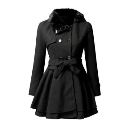 Manteau en laine évasé élégant pour femme avec fausse fourrure