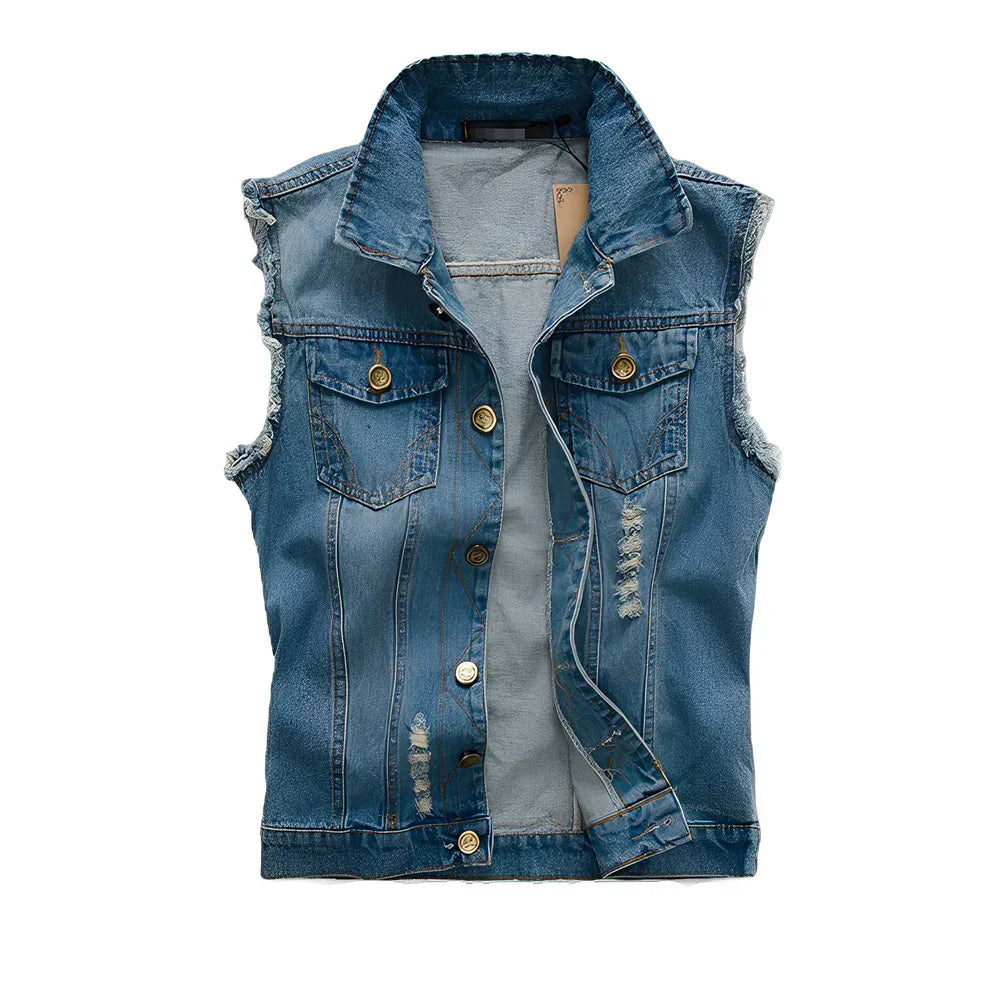 Gilet en jean pour hommes style rétro avec poches