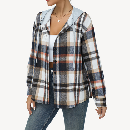 Blazer à carreaux pour femme avec capuche et boutons