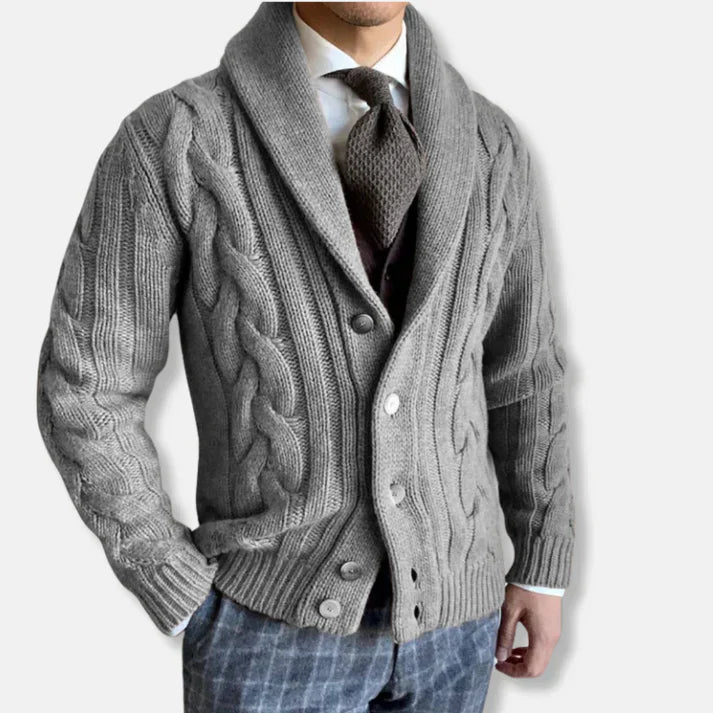 Gilet pour homme en laine, motif tressé, col châle