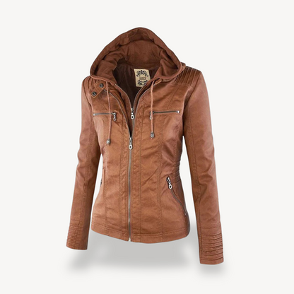 Blouson en cuir imperméable pour femme avec capuche, tendance