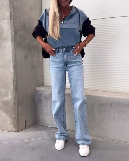 Hoodie style jean, fermeture éclair, tendance