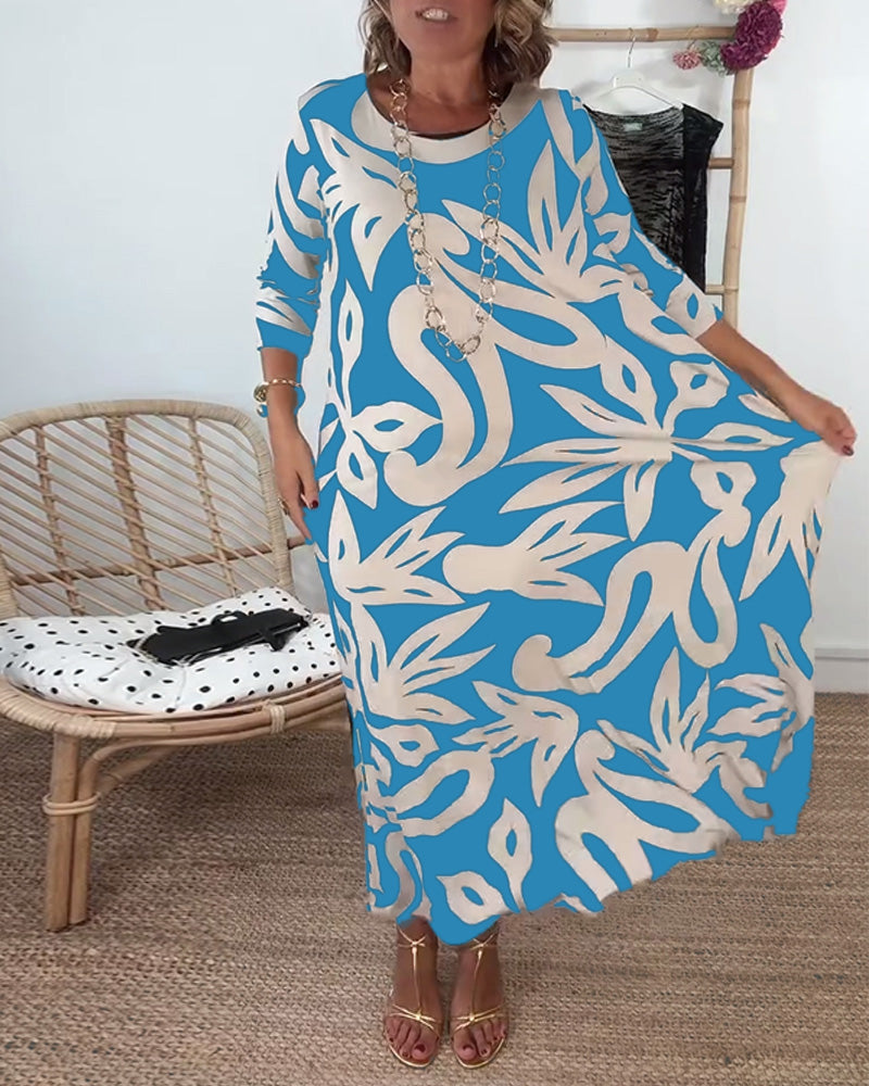 Robe pour femme à col rond, manches longues et imprimé coloré