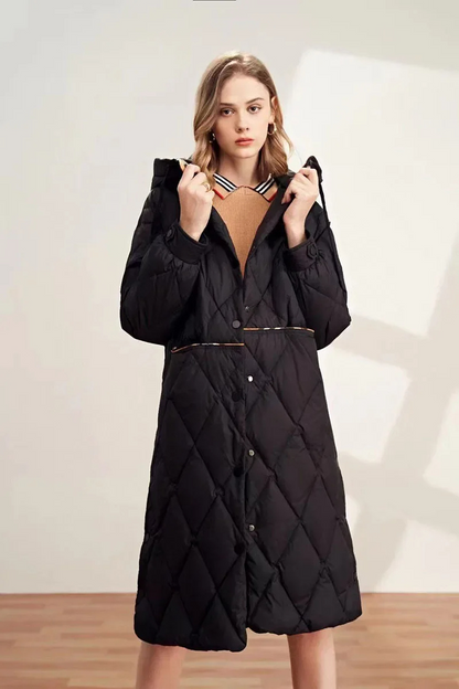 Élégant manteau long à capuche pour femme motif diamant
