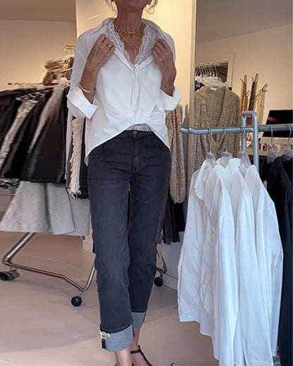 Elegante Bluse Spitze Revers Langarm - IdealeKleiden