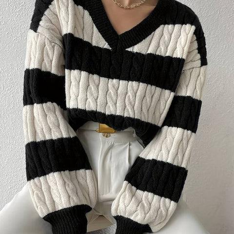 Pull rayé élégant col V femme