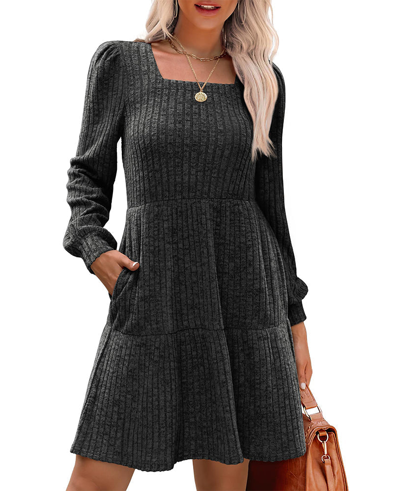 Robe élégante pour femme, col carré, côtelée