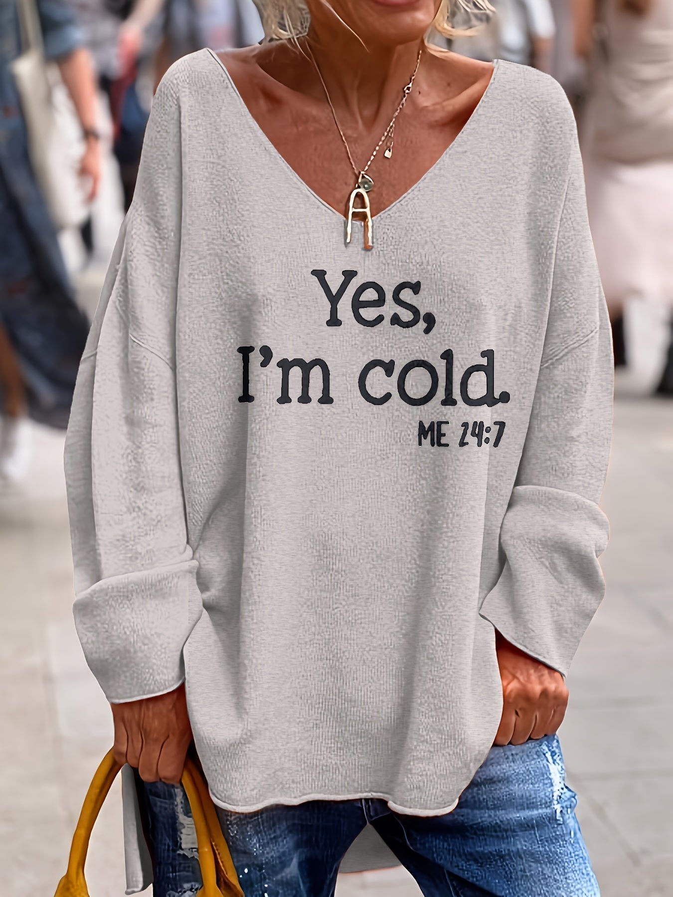 Pull oversize femme col V motif