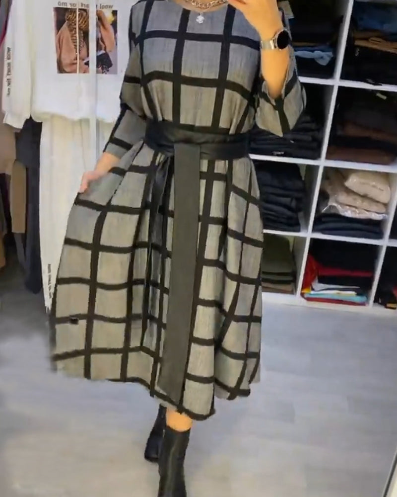 Robe à carreaux élégante col rond femme