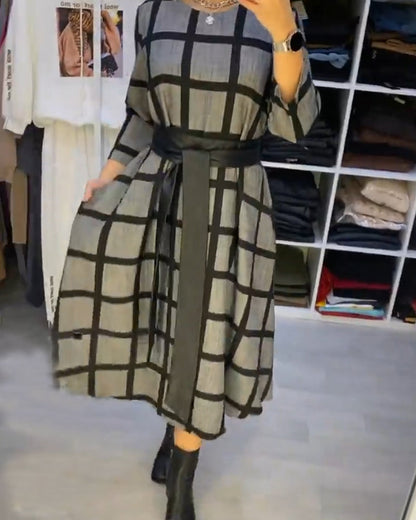 Robe à carreaux élégante col rond femme