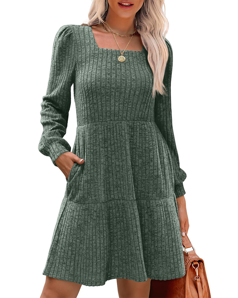 Robe élégante pour femme, col carré, côtelée