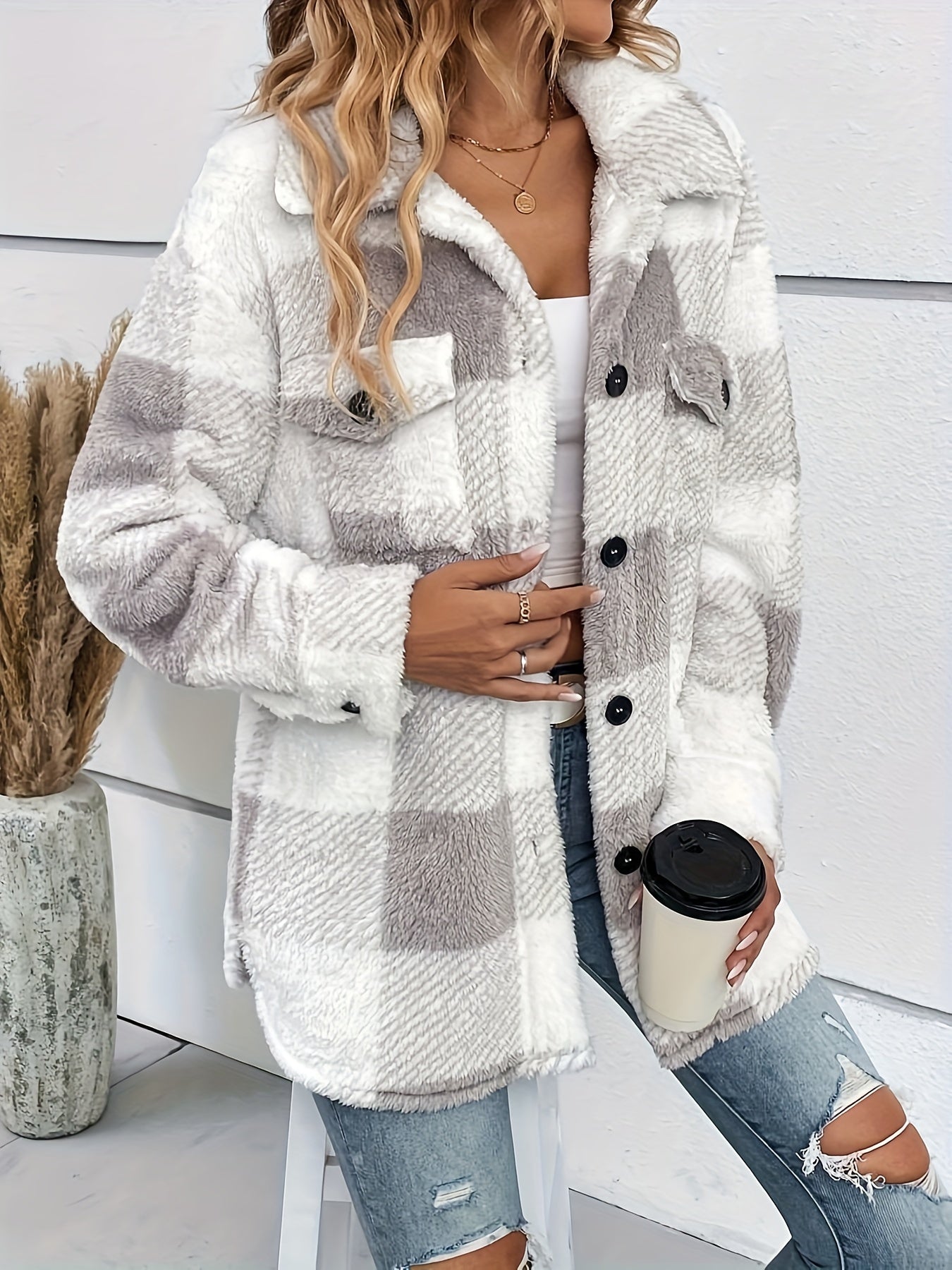 Veste polaire femme à carreaux chaude et confortable