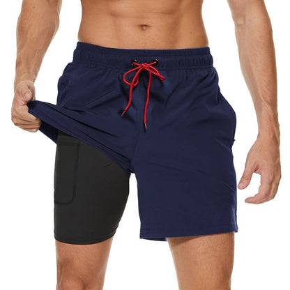 Short de bain homme 2-en-1 sportif avec cordon de serrage