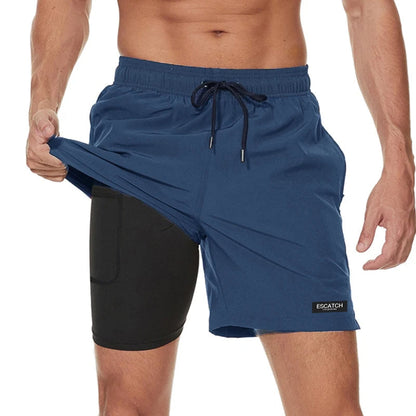 Short de bain homme 2-en-1 sportif avec cordon de serrage