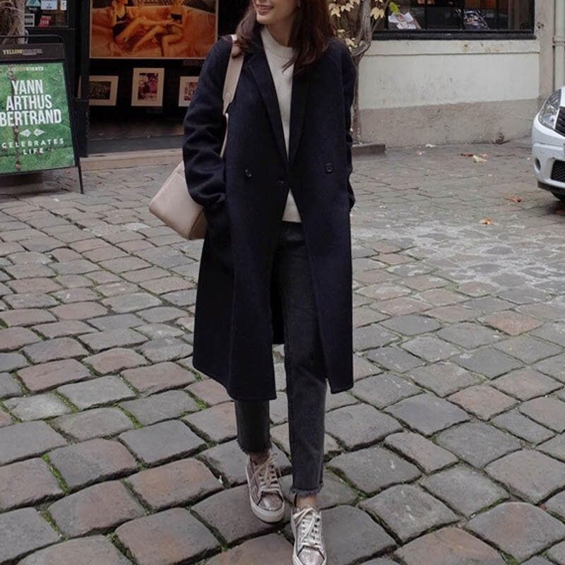 Manteau en laine oversize long, à double boutonnage classique