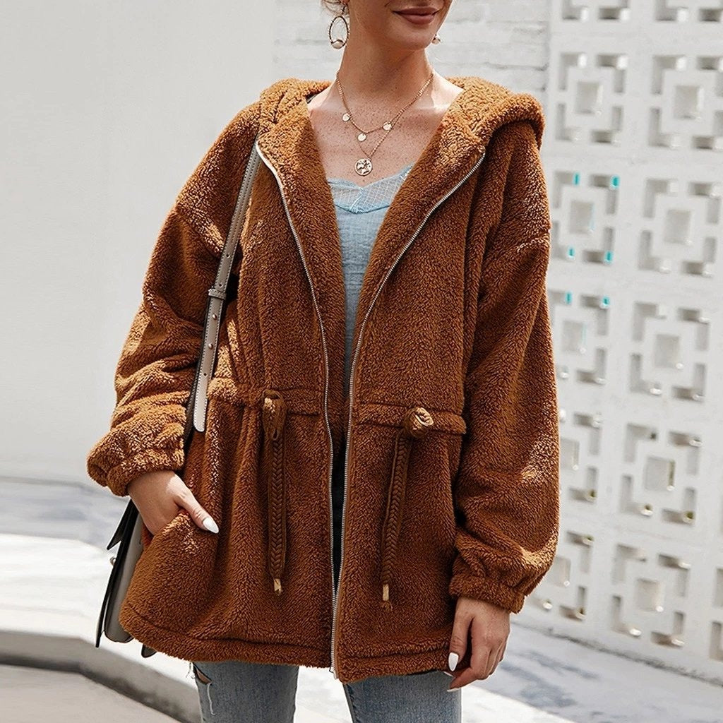 Veste teddy douce oversize avec capuche et poches