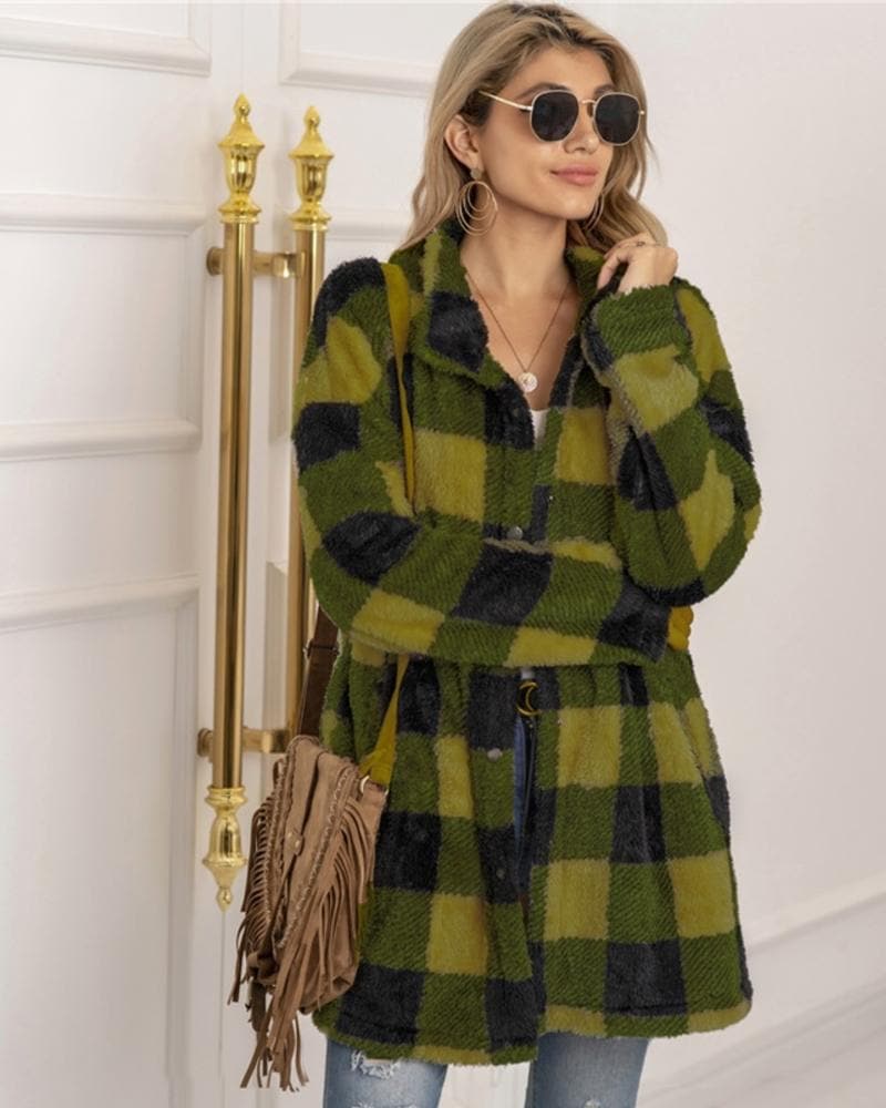 Manteau d'hiver oversize doux à carreaux avec boutons