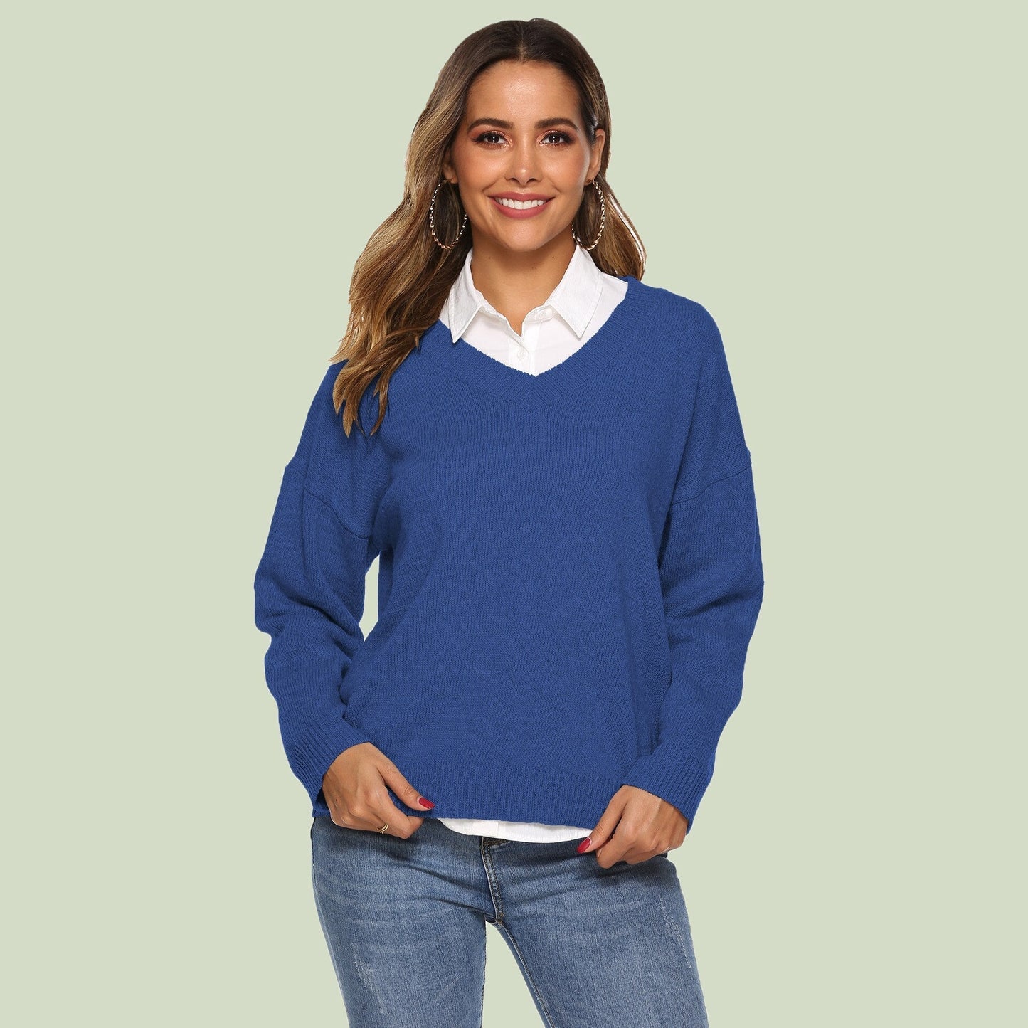 Pull en tricot femme col en V confortable manches longues