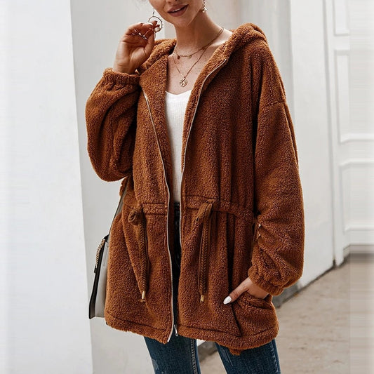 Weiche Teddyjacke Oversized mit Kapuze und Taschen - IdealeKleiden