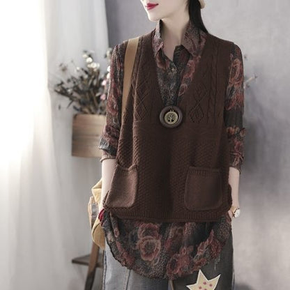 Gilet tricoté pour femme col en V avec poches design élégant