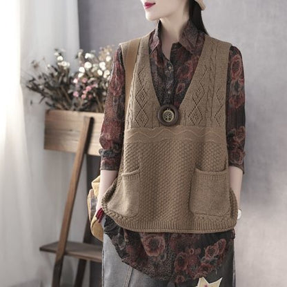 Gilet tricoté pour femme col en V avec poches design élégant