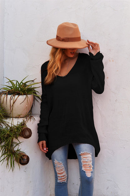 Pull-over en maille décontracté à col en V et manches longues pour femme