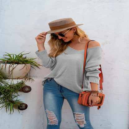 Pull-over en maille décontracté à col en V et manches longues pour femme