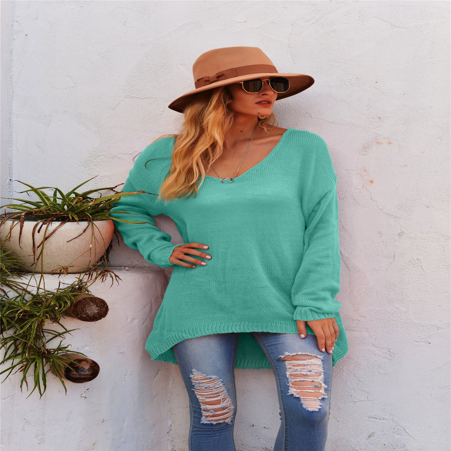 Pull-over en maille décontracté à col en V et manches longues pour femme
