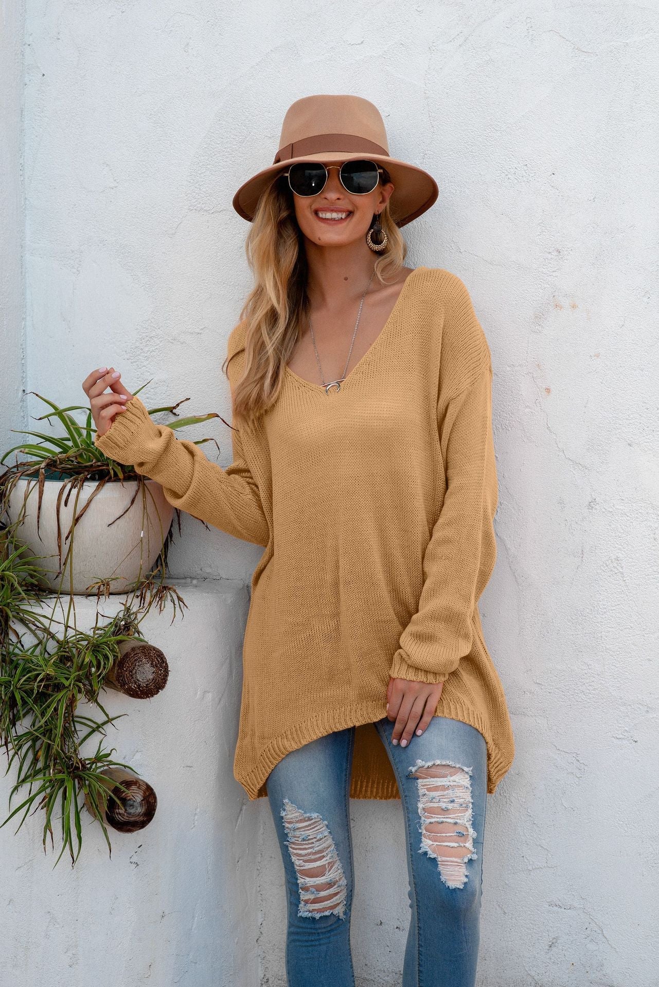 Pull-over en maille décontracté à col en V et manches longues pour femme