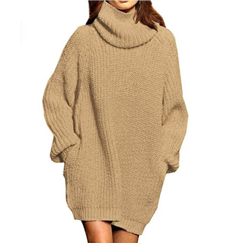 Robe pull femme grosse maille col montant décontractée chic