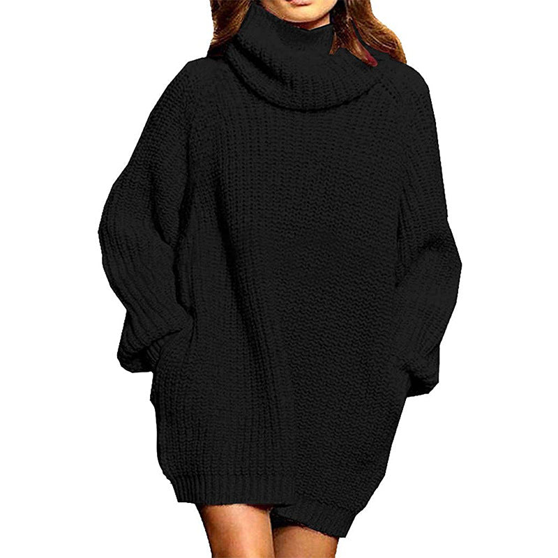 Robe pull femme grosse maille col montant décontractée chic