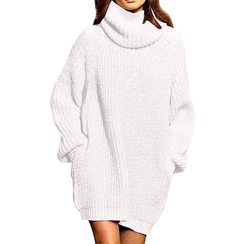 Robe pull femme grosse maille col montant décontractée chic
