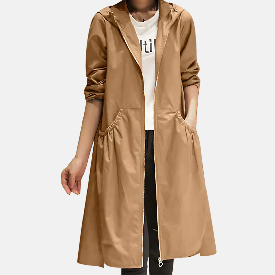 Veste imperméable pour femme, longueur genou, avec capuche