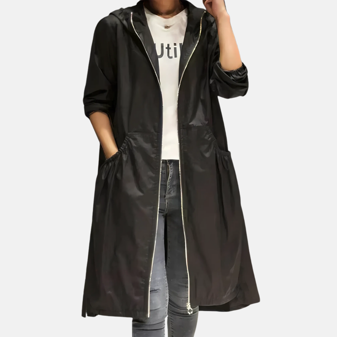Veste imperméable pour femme, longueur genou, avec capuche