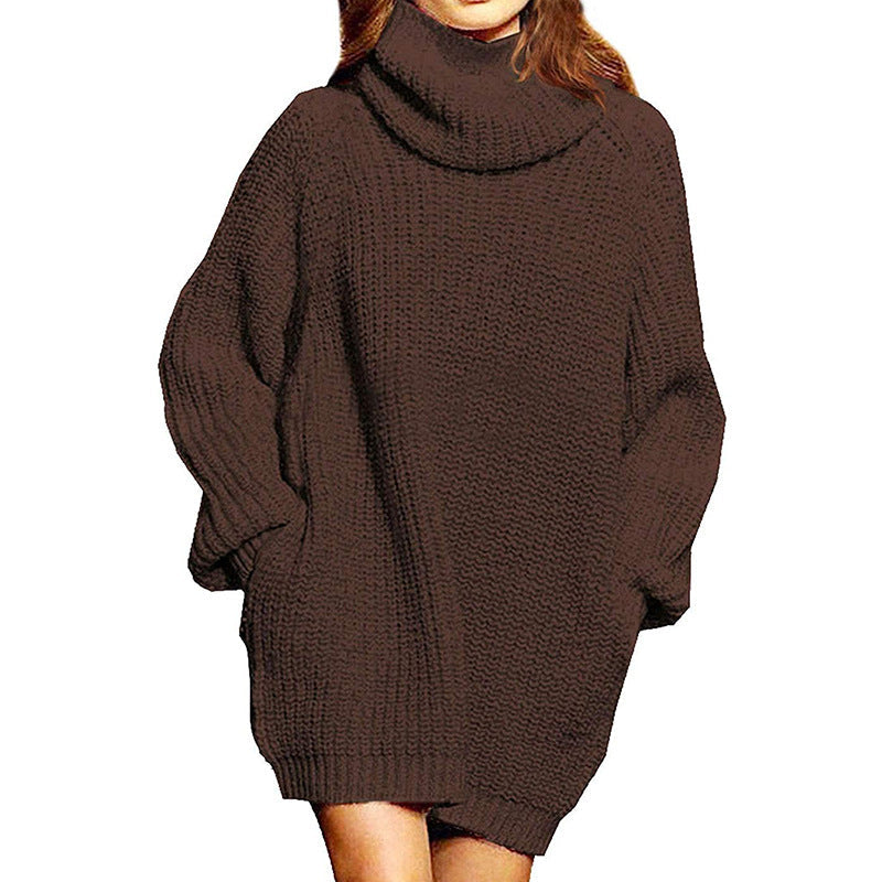 Robe pull femme grosse maille col montant décontractée chic