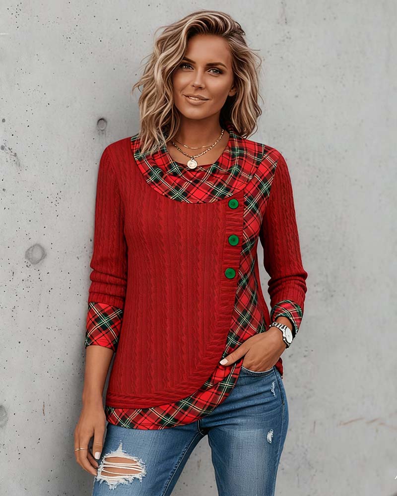 Top Femme Manches Longues Carreaux Patchwork