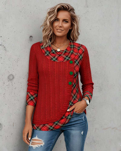 Top Femme Manches Longues Carreaux Patchwork