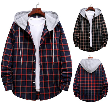 Herren Bluse mit Kapuze Kariert Trendy Übergangsjacke - IdealeKleiden