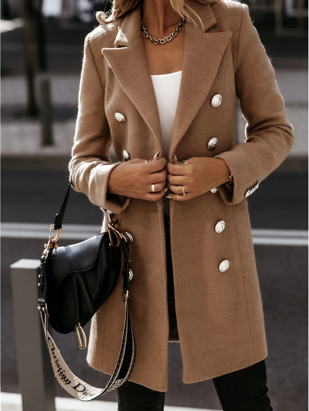 Blazer élégant Manteau coupe ajustée Toucher laine Double boutonnage