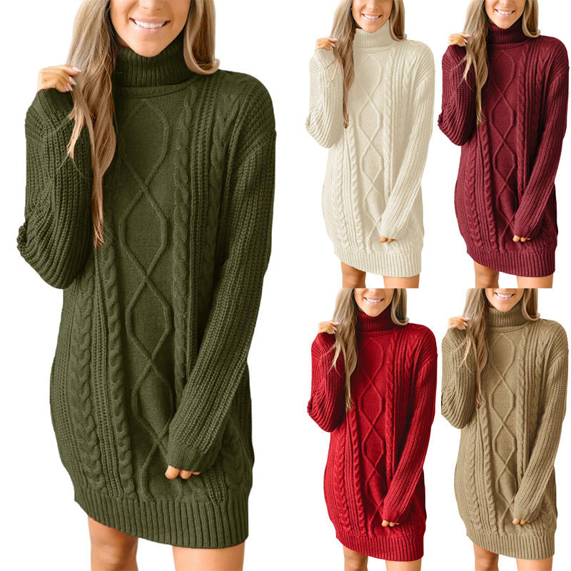 Damen Pulloverkleid Grobstrick mit Zopfmuster und Hochkragen - IdealeKleiden