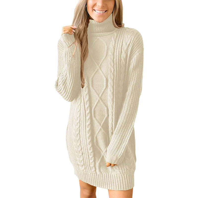 Robe pull en maille torsadée épaisse et col montant pour femme