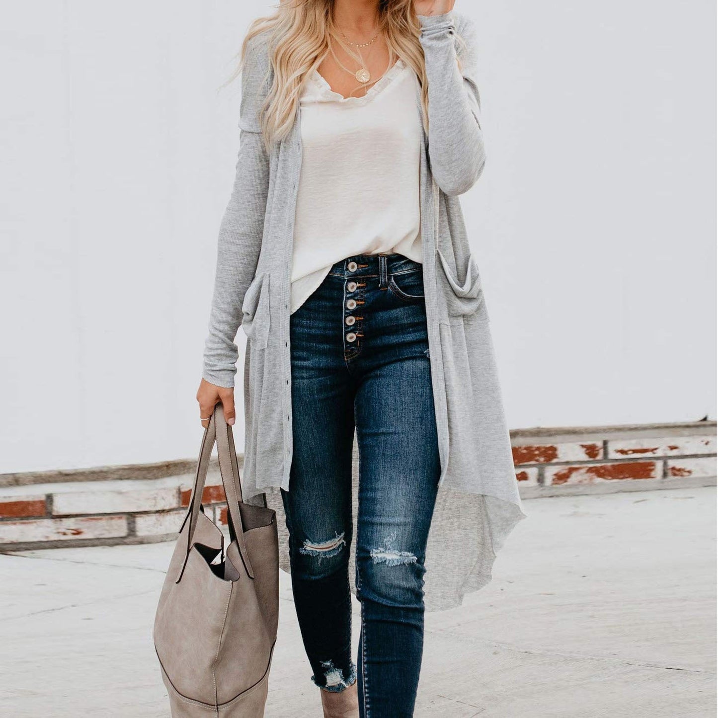 Gilet Femme Long Élégant avec Poches et Boutons