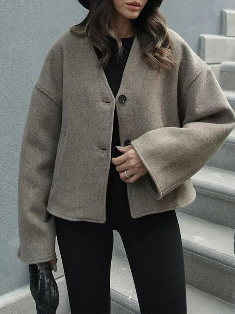 Manteau femme élégant en laine mélangée à col en V