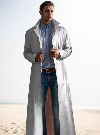 Élégant long manteau en cuir pour homme