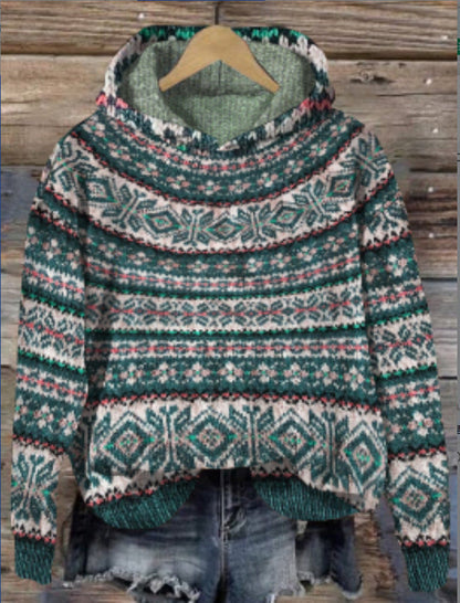 Pull en maille jacquard norvégien à capuche pour femme