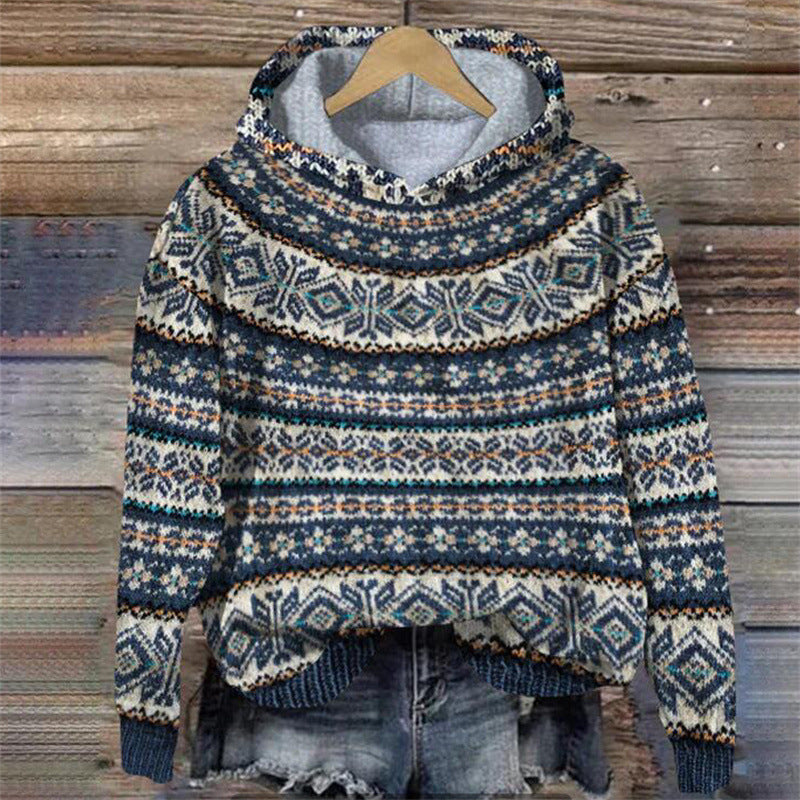 Pull en maille jacquard norvégien à capuche pour femme